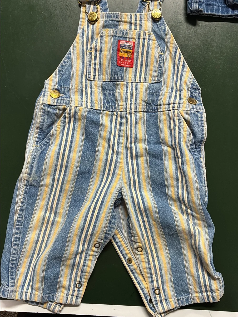 Vintage OshKosh B'gosh Vestbak Blue & Yellow Striped Denim Kids Overalls